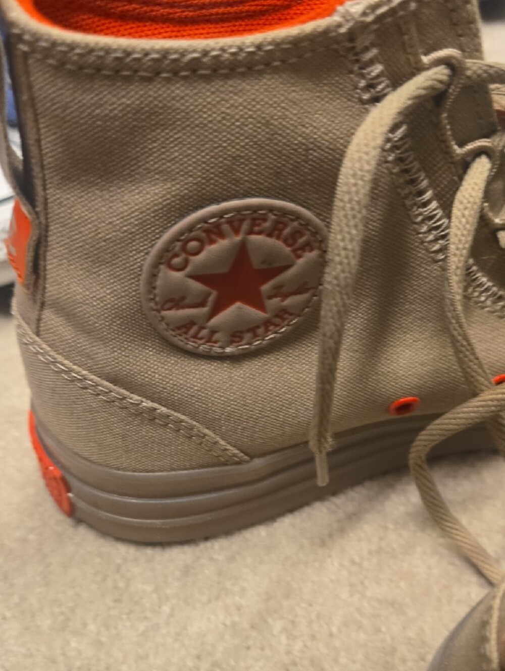 Unisex Neutral Tan/Taupe High-Top Converse Sneakers with Orange Lining - Picture 5 of 12